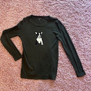 J.Crew Mercantile- olive/hunter green fine gauge top w/ Boston Terrier